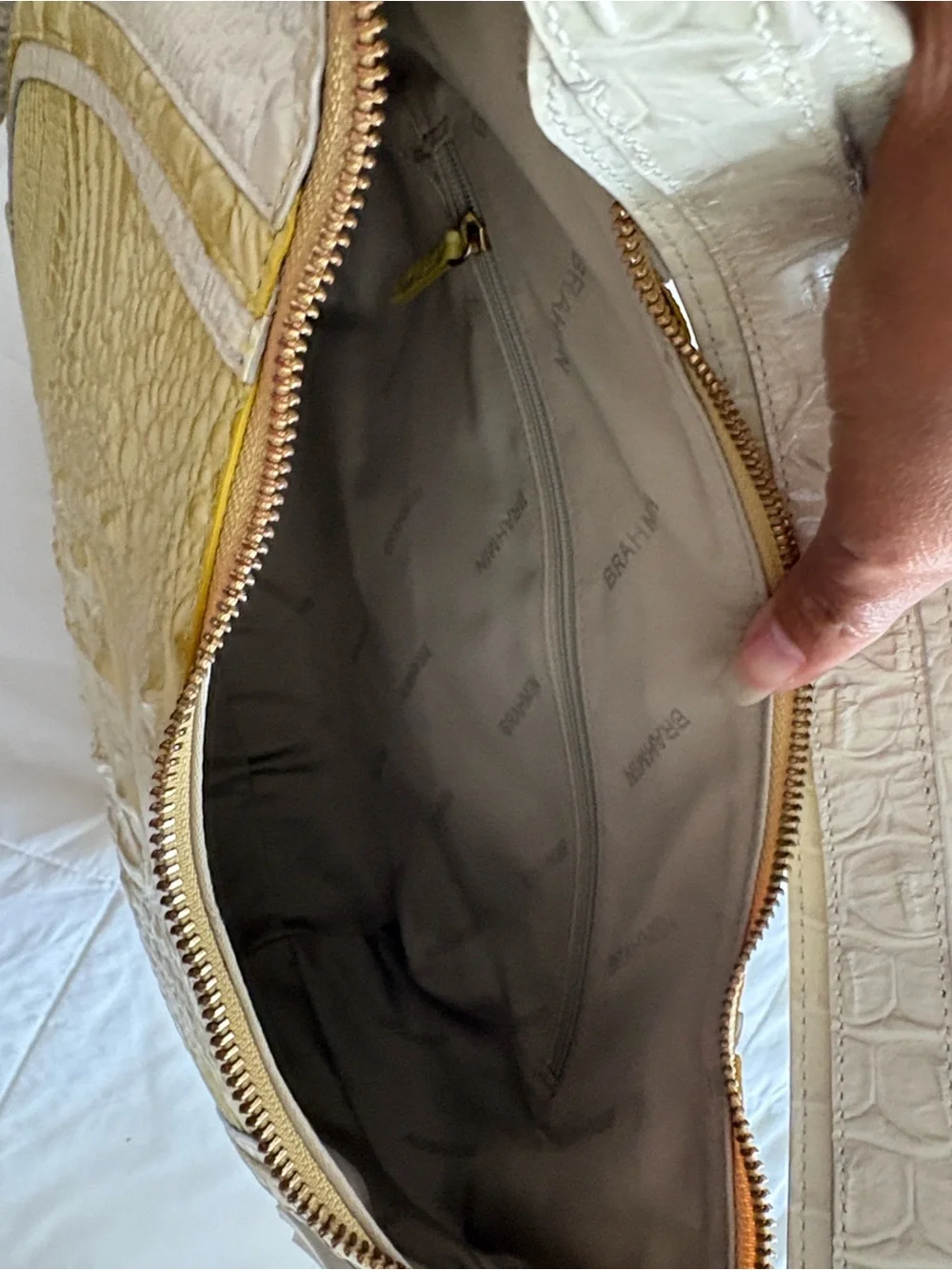 Brahmin Yellow and White Croc-Embossed Hobo Shoulder Bag